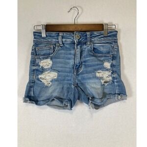 Distressed American Eagle Women 2 Medium Wash Ne(x)t Level Stretch Denim Shorts